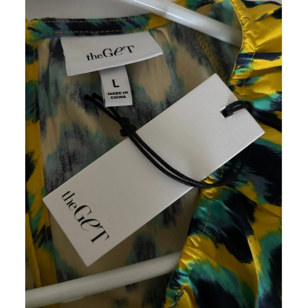 The Get Womens Print Mix Mini Dress Yellow Blue Ikat Long Sleeve Tie Waist L NEW